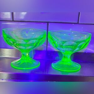 🌟GLOWS🌟Vaseline Sherbet Glasses Depression Glass Optic Panel 3 inch